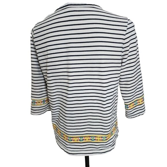 Pomelo Aztec Embroidered Top 3/4 Sleeve White & Black Striped Top Women's Medium - Picture 5 of 9
